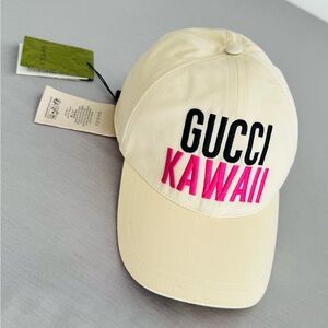 Gucci Cream Baseball Cap with Black and Hot Pink KAWAII Embroidery
